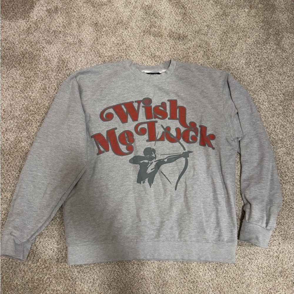 Gray Crewneck Sweater with 'Wish Me Luck' Design